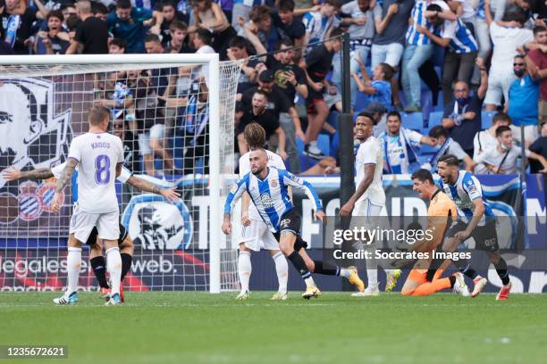 Aleix Vidal of RCD Espanyol celebrates 2-0 during the La Liga Santander match between Espanyol v Real Madrid at the RCDE Stadium on October 3, 2021...