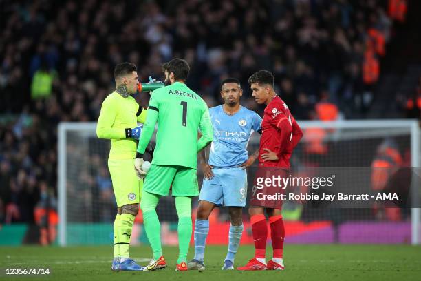 Players from Brazil, Ederson of Manchester City, Alisson Becker of Liverpool, Gabriel Jesus of Manchester City and Roberto Firmino of Liverpool...