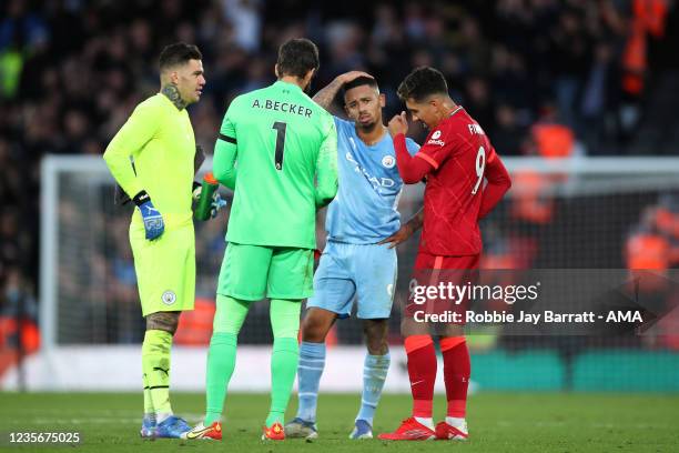 Players from Brazil, Ederson of Manchester City, Alisson Becker of Liverpool, Gabriel Jesus of Manchester City and Roberto Firmino of Liverpool...