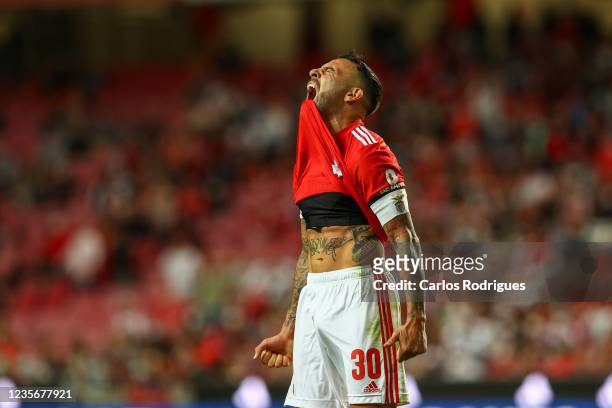 Nicolas Otamendi of SL Benfica reacts during the Liga Portugal Bwin match between SL Benfica and Portimonense SC at Estadio da Luz on October 3, 2021...