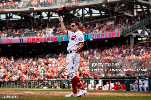 Ryan Zimmerman of the Washington Nationals gives a curtain call before batting during the second inning of a game against the Boston Red Sox on...