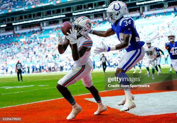 Miami Dolphins wide receiver DeVante Parker fumbles a pass in the endzone during the NFL Football match between the Miami Dolphins and Indianapolis...