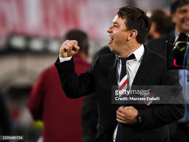Marcelo Gallardo coach of River Plate celebrates after winning a match between River Plate and Boca Juniors as part of Torneo Liga Profesional 2021...