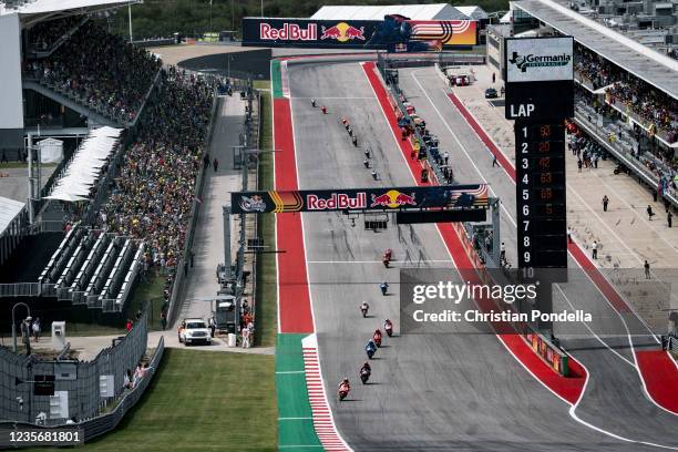 Marc Marquez of Spain leads the pack during the Red Bull Grand Prix of the Americas - Race day at Circuit of The Americas on October 3, 2021 in...