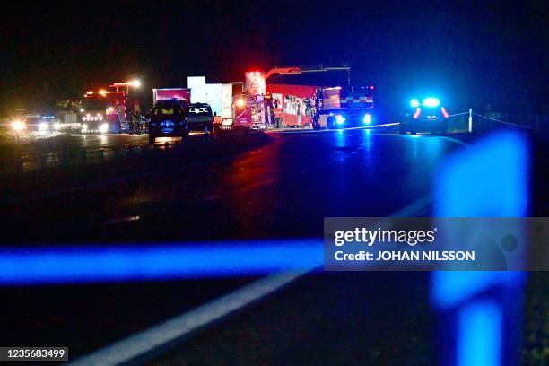 Police cordon off the scene after an accident between a car and a lorry in which Swedish cartoonist Lars Vilks and two police officers protecting him...