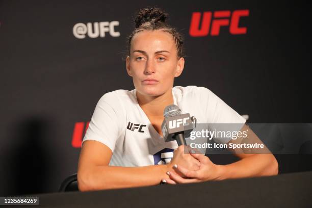 Casey ONeill meets with the press following the bout for UFC Fight Night 38: Santos vs Walker on October 2 at UFC Apex in Las Vegas, NV.