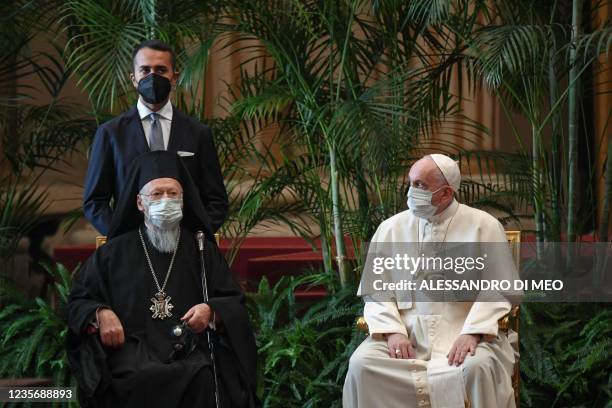 Italy's Foreign Affairs Minister, Luigi Di Maio , ecumenical patriarch Bartholomew I of Constantinople and Pope Francis attend the meeting "Faith and...