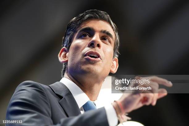 Chancellor of the Exchequer Rishi Sunak delivers his speech on day two of the Conservative Party Conference at Manchester Central Convention Complex...