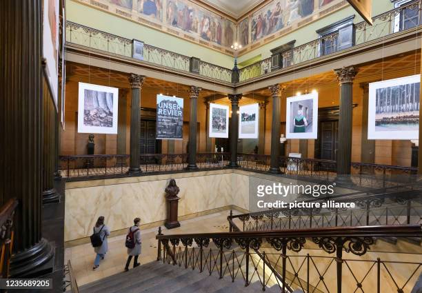 October 2021, Saxony-Anhalt, Halle: Female students walk through the historic Lion Building of Martin Luther University. The university welcomed its...