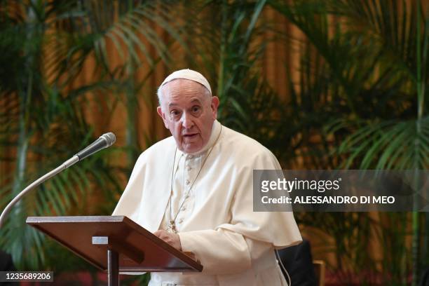 Pope Francis addresses the meeting "Faith and Science: Towards COP26" on October 4, 2021 in The Vatican, sending an appeal to participants in the...