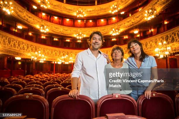 Writers Nicholas Poiret, Sylvie Poiret and Nathalie Serrault are photographed for Paris Match at the Palais-Royal theatre on September 7, 2021 in...