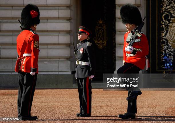 Soldiers from the 1st Battalion Coldstream Guards and a solider from the 1st Regiment Royal Canadian Horse Artillery take part in the Changing of the...