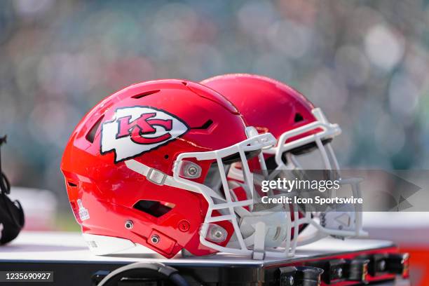 Kansas City Chiefs helmets sit on a cart during the game between the Philadelphia Eagles and the Kansas City Chiefs on October 3, 2021 at Lincoln...