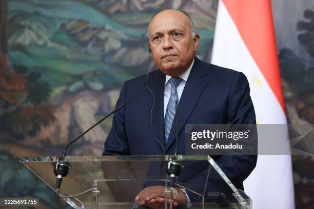 Egyptian Foreign Minister Sameh Shoukry and Russian Foreign Minister Sergey Lavrov hold a joint press conference in Moscow, Russia on October 04,...