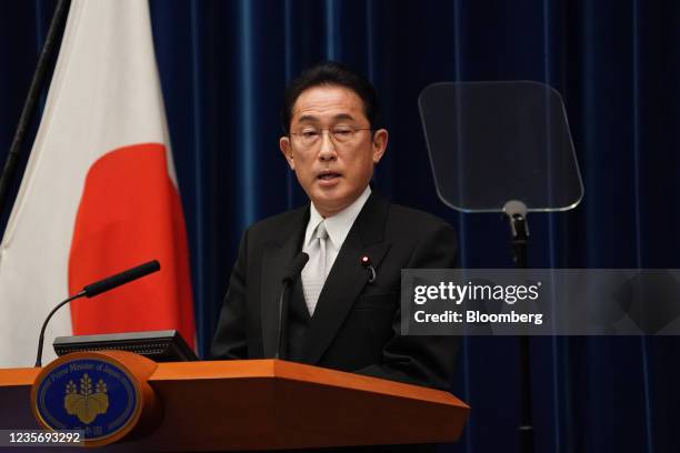 Fumio Kishida, Japan's prime minister, speaks during a news conference at the prime minister's official residence in Tokyo, Japan, on Monday, Oct. 4,...