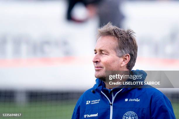 Denmark's head coach Kasper Hjulmand looks on during a training session with the Danish national football team in Elsinore, Denmark, on October 4...