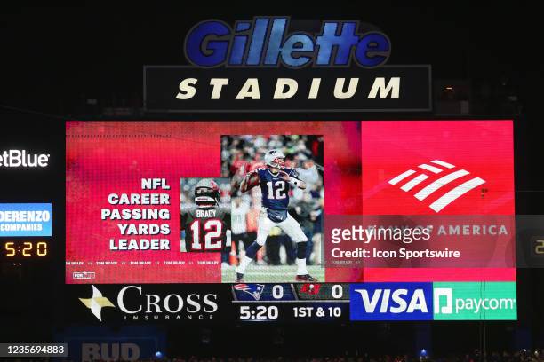 The jumbotron after Tom Brady of the Buccaneers breaks the NFL's all-time passing yardage record with this 28-yard completion to wide receiver Mike...