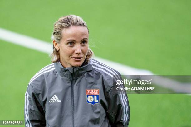 Lyon's French head coach Sonia Bompastor looks on during a training session at the Bravida Arena in Gothenburg, Sweden, on October 4 on the eve of...