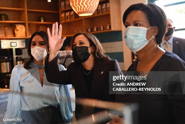 Vice president Kamala Harris visits the Colada Shop, a Cuban cafe chain founded by Daniella Senior , alongside District of Columbia Mayor Muriel...