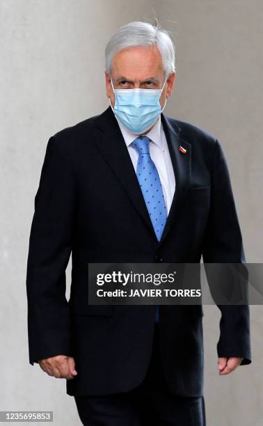 Chilean President Sebastian Pinera is pictured during a press conference a day after he was mentioned in the "Pandora Papers" media investigation...