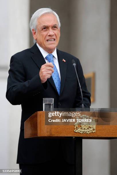 Chilean President Sebastian Pinera offers a press conference a day after he was mentioned in the "Pandora Papers" media investigation exposing world...