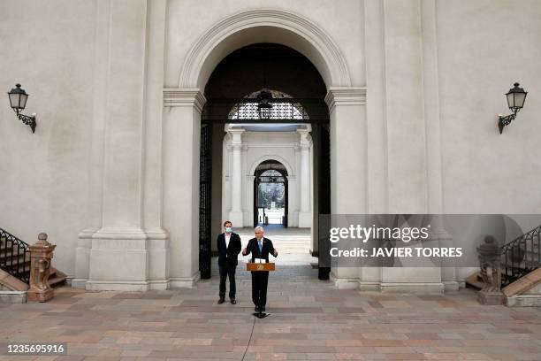 Chilean President Sebastian Pinera offers a press conference a day after he was mentioned in the "Pandora Papers" media investigation exposing world...