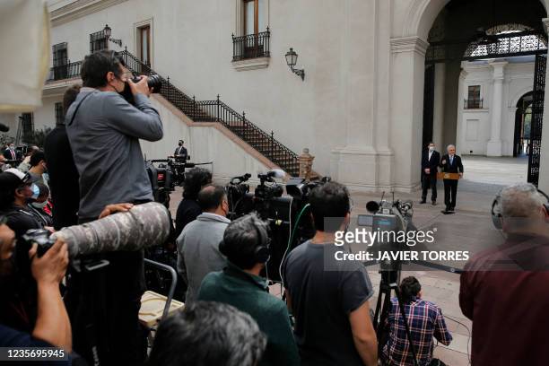 Chilean President Sebastian Pinera offers a press conference a day after he was mentioned in the "Pandora Papers" media investigation exposing world...
