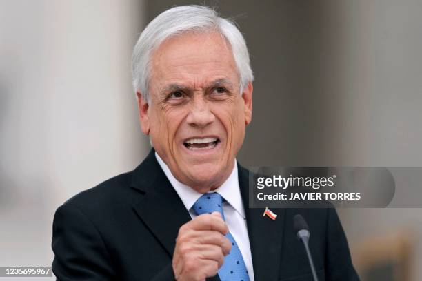 Chilean President Sebastian Pinera speaks during a press conference a day after he was mentioned in the "Pandora Papers" media investigation exposing...