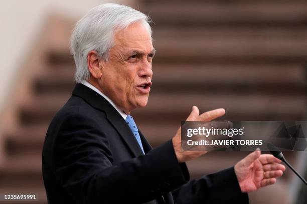 Chilean President Sebastian Pinera offers a press conference a day after he was mentioned in the "Pandora Papers" media investigation exposing world...