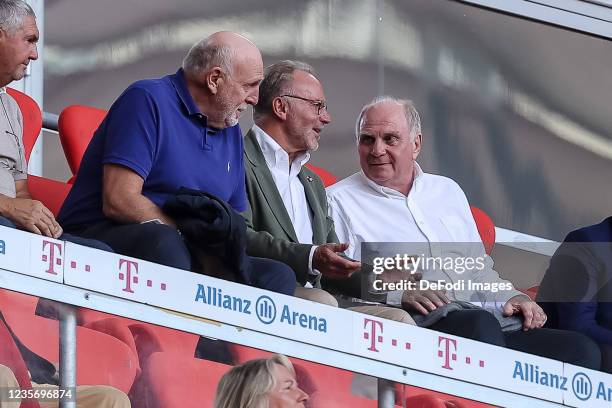 Dieter Hoeness, Karl-Heinz Rummenigge and Uli Hoeness of Bayern Muenchen look on prior to the Bundesliga match between FC Bayern Muenchen and...