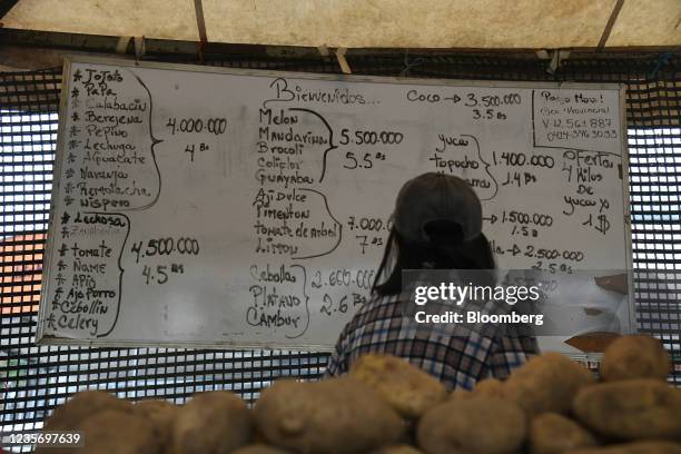 Vendor lists prices in both Bolivar Soberano and Bolivar Digital at a market in Caracas, Venezuela, on Monday, Oct. 4, 2021. Venezuela is launching a...