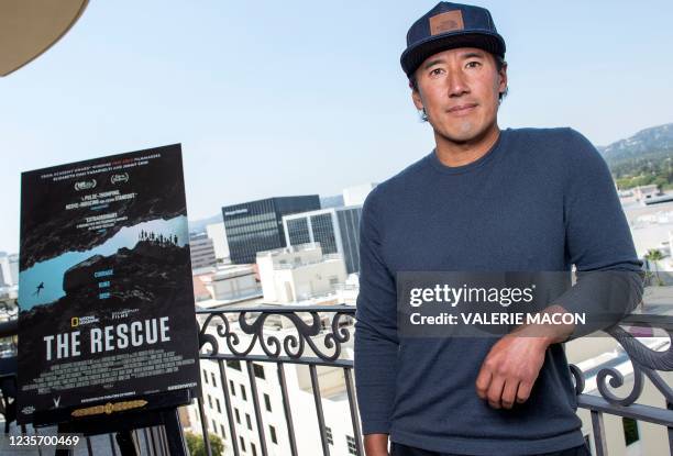Filmmaker Jimmy Chin poses during the press day for his new documentary "The Rescue", in Beverly Hills, California, September 20, 2021. - After their...
