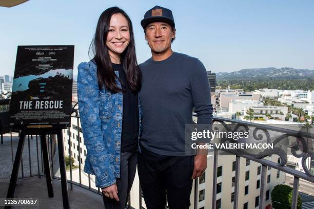 Filmmakers Chai Vasarhelyi and Jimmy Chin pose during the press day for their new documentary "The Rescue", in Beverly Hills, California, September...