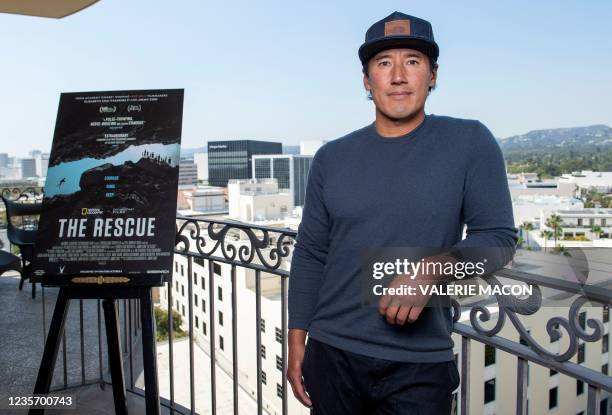 Filmmaker Jimmy Chin poses during the press day for his new documentary "The Rescue", in Beverly Hills, California, September 20, 2021. - After their...