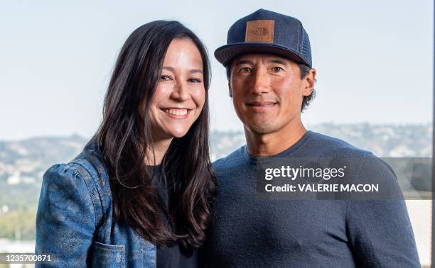 Filmmakers Chai Vasarhelyi and Jimmy Chin pose during the press day for their new documentary "The Rescue", in Beverly Hills, California, September...
