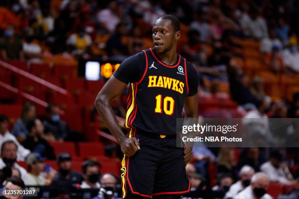 Gorgui Dieng of the Atlanta Hawks looks on during a preseason game against the Miami Heat on October 4, 2021 at FTX Arena in Miami, Florida. NOTE TO...