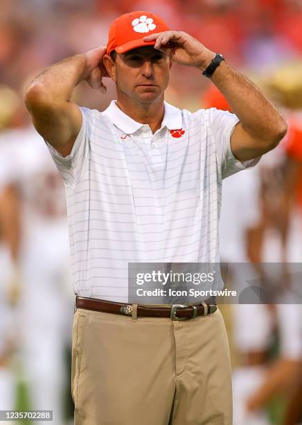 Clemson Tigers head coach Dabo Swinney gets ready before a college football game between the Boston College Eagles and the Clemson Tigers on October...