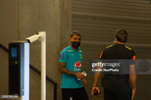 Brazil football team member Gabigol as members of the Brazil federation of football team board their bus at the Grand Hyatt Hotel in Bogota, Colombia...