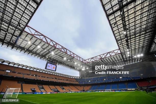 General view shows the San Siro stadium prior to a training session of Italy's national football team on October 5, 2021 in Milan, on the eve of...