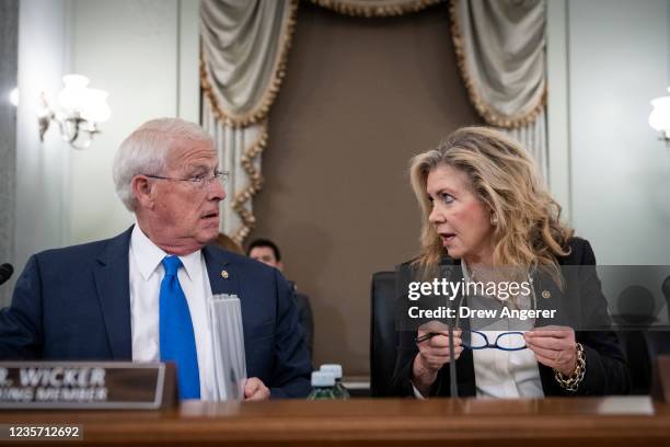 Full committee ranking member Sen. Roger Wicker and subcommittee ranking member Sen. Marsha Blackburn arrive and talk before former Facebook employee...