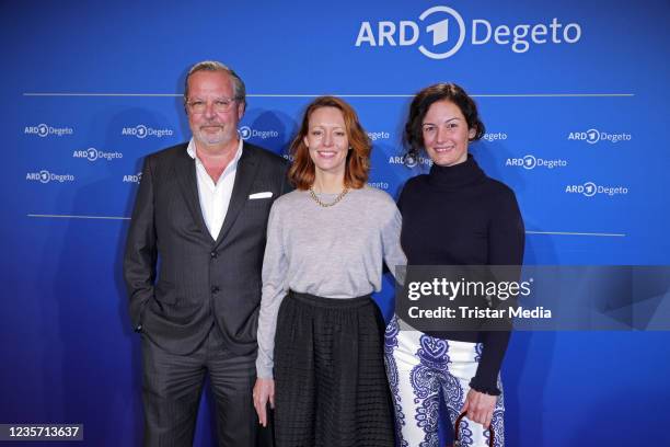 Christian Scherz, Lavinia Wilson and Randa Chahoud attend the ARD Degeto Get-Together during the Hamburg film festival on October 5, 2021 in Hamburg,...