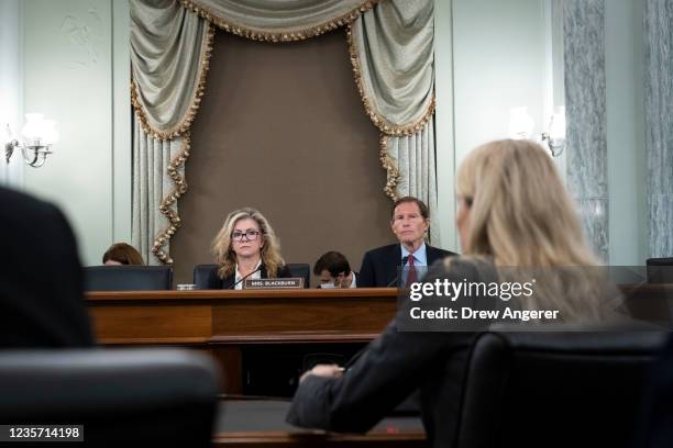 Subcommittee ranking member Sen. Marsha Blackburn and subcommittee chairman Sen. Richard Blumenthal listen to testimony from former Facebook employee...