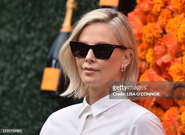 South African actress Charlize Theron arrives for the Veuve Clicquot Polo Classic 2021 at Will Rogers State Park in Pacific Palisades, California, on...