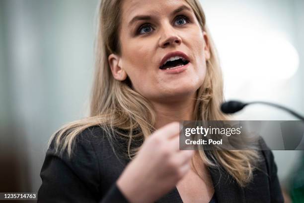 Former Facebook employee and whistleblower Frances Haugen testifies during a Senate Committee on Commerce, Science, and Transportation hearing...