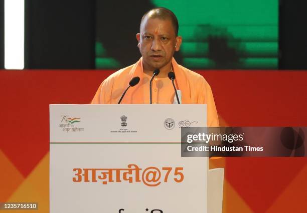 Chief Minister of Uttar Pradesh Yogi Adityanath addresses gathering after the inauguration conference of the Two Day Expo on as part of Amrit...