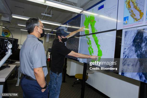 Map displaying current weather patterns at the PG&E Hazard Awareness & Warning Center in San Ramon, California, U.S., on Tuesday, Oct. 5, 2021. PG&E...