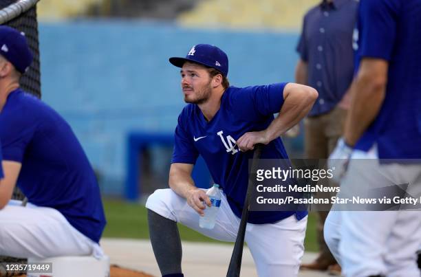 Los Angeles, CA Gavin Lux of the Los Angeles Dodgers during a workout day before the National League Wildcard game against the St. Louis Cardinals at...