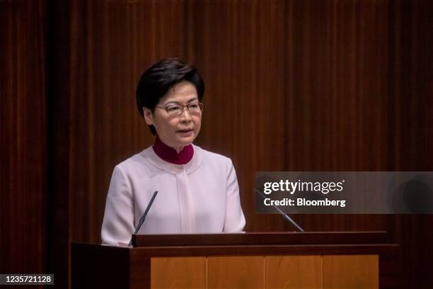 Carrie Lam, Hong Kong's chief executive, delivers her policy address at the Legislative Council in Hong Kong, China, on Wednesday, Oct. 6, 2021....