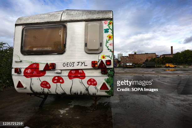 Caravan hand-painted with subjects from nature seen during the demonstration. Gypsies set up a camp on the outskirts of Manchester before joining...