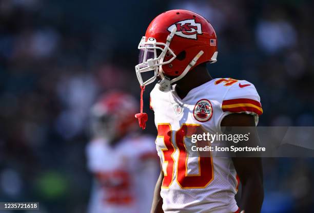 Kansas City Chiefs Cornerback Deandre Baker looks on in the second half during the game between the Kansas City Chiefs and Philadelphia Eagles on...